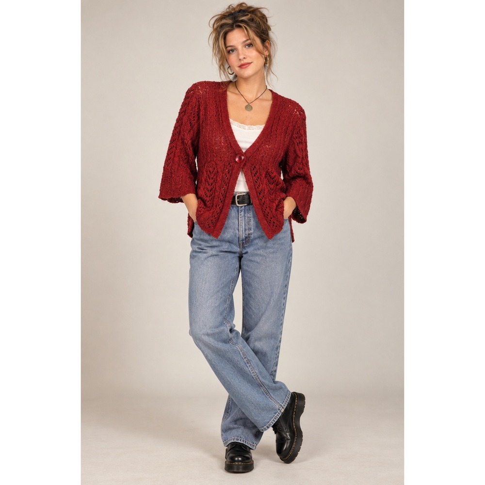 Marisa Christina Red Knit Cardigan Sweater Bell Sleeves Women's Medium